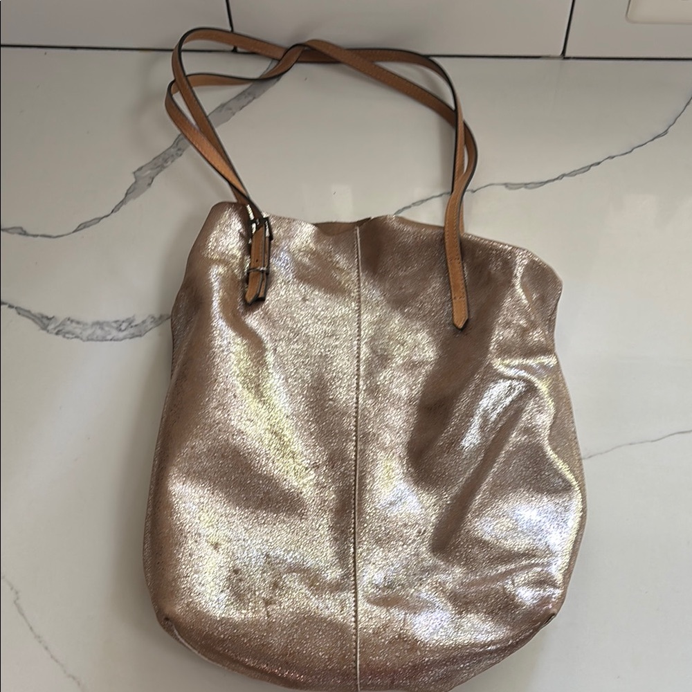 Anthropology Gold and Tan Shoulder Bag with Metallic Finish
